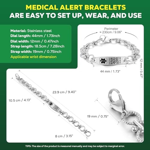 Theluckytag Sterling Silver Medical Bracelet with QR Code, Custom Emergency Info, Chain, Small 7''-9''