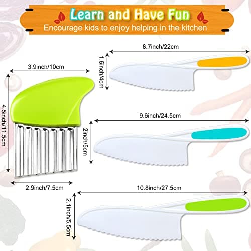 TAORISH 4 Pcs Kids Knife Set, Kids Kitchen Knife with Crinkle Cutter, Serrated Edges Plastic Toddler Chef Knife for Real Cooking & Cutting Fruit Bread