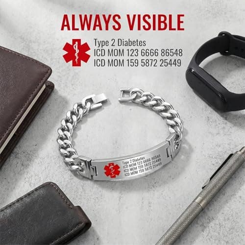 Custom Emergency Medical Alert Bracelet - Free Engraving, Non-Tarnish Titanium Steel, Adjustable Size 7.5-9.5 inches, Medical ID Bracelet for Men & Women, Durable & Comfortable (Silver-7.5 inches for women)