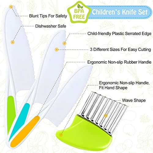 TAORISH 4 Pcs Kids Knife Set, Kids Kitchen Knife with Crinkle Cutter, Serrated Edges Plastic Toddler Chef Knife for Real Cooking & Cutting Fruit Bread