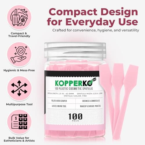 Kopperko Cosmetic Spatulas (2.5”, 100 Pack) - Small Plastic Spatula for Cosmetics, Creams & Crafts | Essential Esthetician Supplies | Makeup Spatula or Multipurpose Mini Applicator for Skincare | Pink