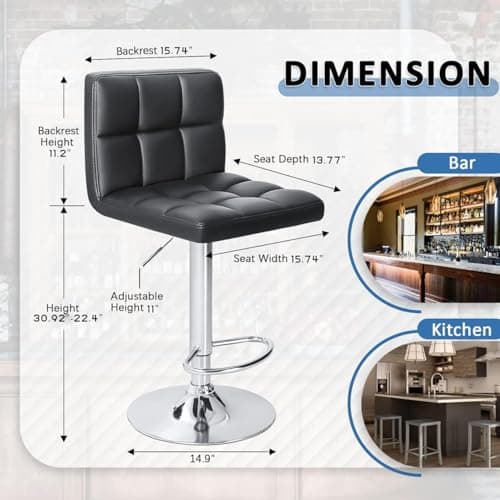Homall Bar Stools Modern PU Leather Adjustable Swivel Barstools, Armless Hydraulic Kitchen Counter Bar Stool Extra Height Square Island Barstool with Back Set of 2 (Leather, Black)