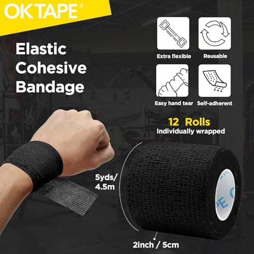 OK TAPE 12 Rolls Self Adhesive Bandage Wrap, Elastic Athletic Tape, Self Stick Bandage Tape, Vet Wrap, Medical Wrap for Wrist, Feet, 2" x 5 Yards - Black