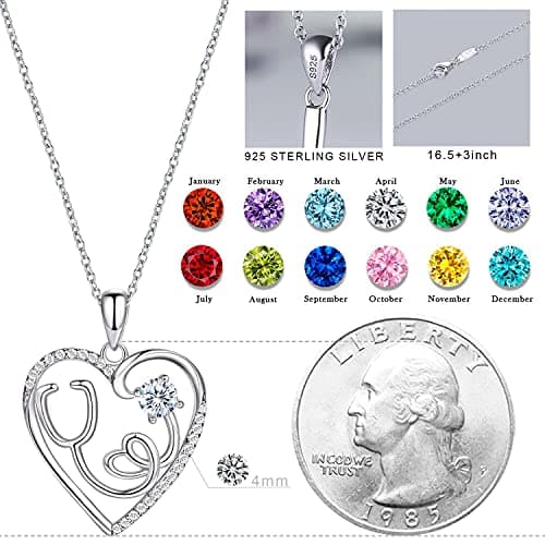 AmorAime Nurse Necklace for Women 14K Rose Gold Plated Birthstone Necklaces for Women Medicine Themed Stethoscope Pendant RN for Festival