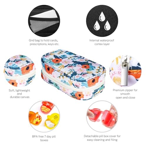 Serfeymi Weekly Travel Pill Organizer 2 Times A Day AM PM Upgraded Rainbow Pill Box 7 Day with Portable Zipper Canvas Pill Case, Medicine Organizer for Pills, Vitamins, Fish Oils - Bloom 01