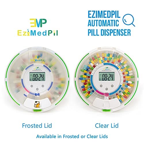 EziMedPil Automatic Pill Dispenser with Alarm, Sound & Light, up to 6 Alarms/Day, 6 Dosage Templates, Easy-Read Display, Frosted Lid & Locked 28-Day Medication Dispenser for Protecting Pills Privacy
