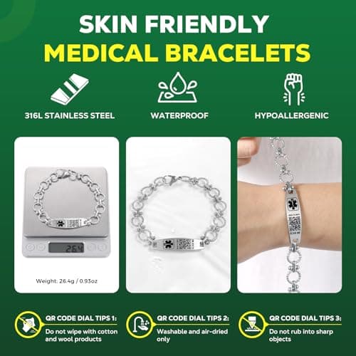 Theluckytag Sterling Silver Medical Bracelet with QR Code, Custom Emergency Info, Chain, Small 7''-9''