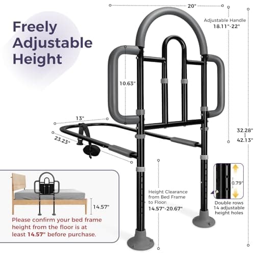 EASYVAVA Bed Rails for Elderly Adults Safety, Adjustable Bed Assist Rail - Portable Bed Cane Supports 400 Lbs,ASTM Approved Bedside Safety & Stability for Seniors,for Bed Frames 14.57"-20.67"