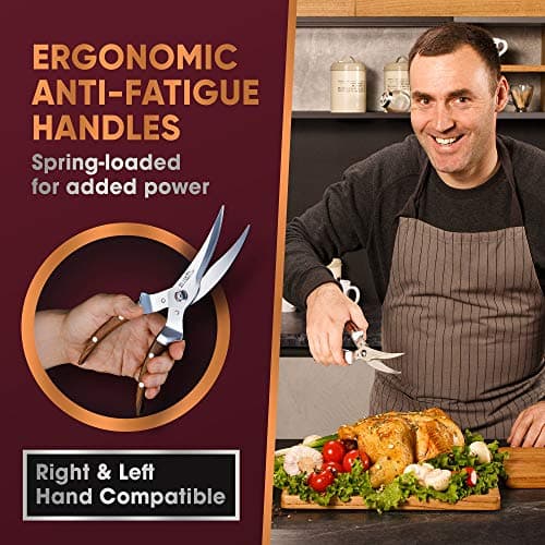 Silver Armadillo Heavy Duty Poultry Shears - Professional Stainless Steel Kitchen Scissors for Bone, Chicken, Meat, Fish & Vegetables - Spring Loaded (Brown Wood Handles)