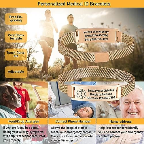 VNOX Medical Alert Id Bracelet for Women - Custom Engraved Medical Alert Bracelets for Men Women Elderly Dementia Stainless Steel Wrist Band Emergency Bracelets